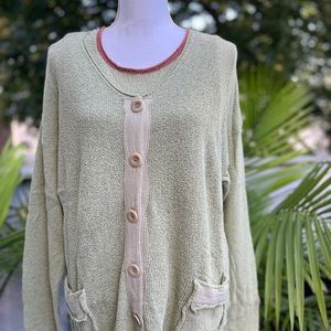 Flax 2Pc Set Green Brown Cardigan/Sleeveless Top M/L